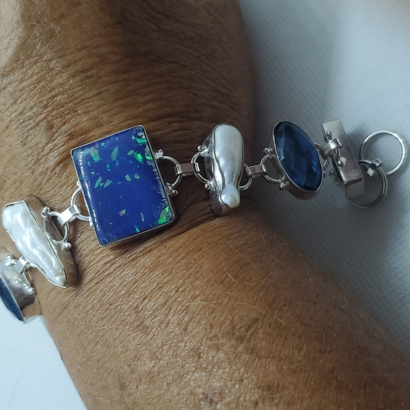 COPY - Nwot!! 925 doublet opal,river pearl,blue topaz,lapis bracelet - Picture 1 of 11